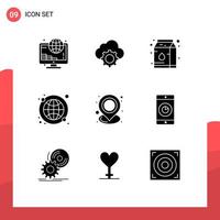 9 Universal Solid Glyph Signs Symbols of location world wide settings internet global Editable Vector Design Elements