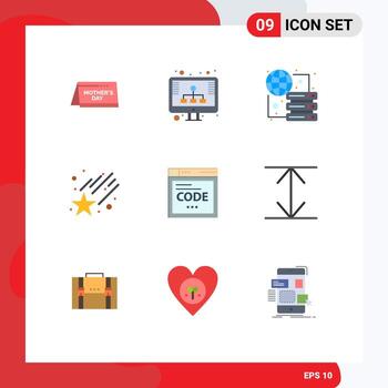 paquete de interfaz de usuario de 9 colores planos básicos del navegador de código conectar elementos de diseño vectorial editables que caen de estrellas vector