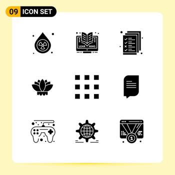 conjunto moderno de 9 glifos y símbolos sólidos, como botones de bloqueo de teclas, elementos de diseño de vectores editables de flores chinas de negocios