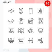 User Interface Pack of 16 Basic Outlines of watch digital reputation smart phone phone Editable Vector Design Elements