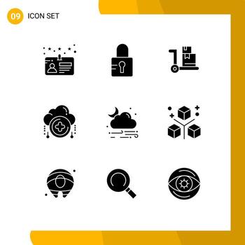 9 conjunto de glifos sólidos universales para aplicaciones web y móviles que codifican la nube de compras de lluvia más elementos de diseño vectorial editables vector