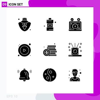 conjunto de glifos sólidos de interfaz móvil de 9 pictogramas de elementos de diseño de vector editables de control de reproductor de panel de moneda de dólar