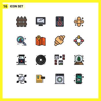 16 Thematic Vector Flat Color Filled Lines and Editable Symbols of map grid pc design health Editable Creative Vector Design Elements