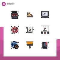 Mobile Interface Filledline Flat Color Set of 9 Pictograms of search media computer engine laptop Editable Vector Design Elements