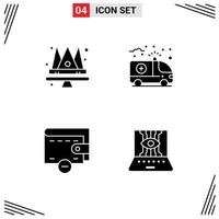 Mobile Interface Solid Glyph Set of 4 Pictograms of crown money queen health applied science Editable Vector Design Elements