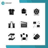 Vector Pack of 9 Glyph Symbols Solid Style Icon Set on White Background for Web and Mobile