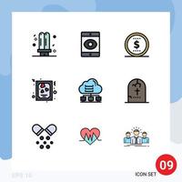 9 Thematic Vector Filledline Flat Colors and Editable Symbols of data network finance valentines heart Editable Vector Design Elements