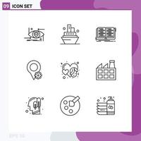 Group of 9 Modern Outlines Set for event heart book settings location Editable Vector Design Elements