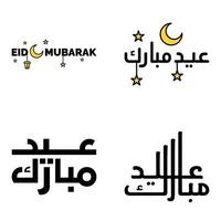 paquete moderno de 4 eidkum mubarak árabe tradicional tipografía kufic cuadrada moderna texto de saludo decorado con estrellas y luna vector