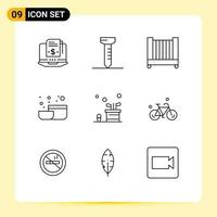 Universal Icon Symbols Group of 9 Modern Outlines of bicycle game crib golf bag Editable Vector Design Elements