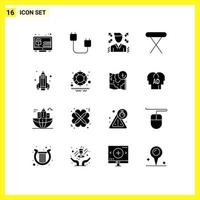 Universal Icon Symbols Group of 16 Modern Solid Glyphs of rocket table hardware iron appliances Editable Vector Design Elements