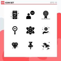 Pack of 9 Modern Solid Glyphs Signs and Symbols for Web Print Media such as education molecule insignia laboratory chemical Editable Vector Design Elements