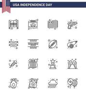Set of 16 Modern Lines pack on USA Independence Day frankfurter weapon day army gun Editable USA Day Vector Design Elements