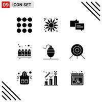 conjunto perfecto de píxeles de 9 iconos sólidos conjunto de iconos de glifos para el diseño de sitios web y la interfaz de aplicaciones móviles vector