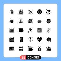 Group of 25 Modern Solid Glyphs Set for heart health cardiogram farming photo camera Editable Vector Design Elements