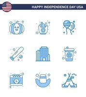 USA Happy Independence DayPictogram Set of 9 Simple Blues of office usa bloons sports baseball Editable USA Day Vector Design Elements