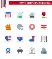 Modern Set of 16 Flats and symbols on USA Independence Day such as packages bag indianapolis plent imerican Editable USA Day Vector Design Elements