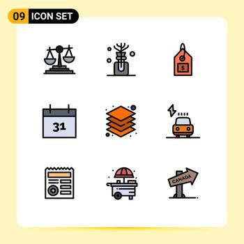 Set of 9 Vector Filledline Flat Colors on Grid for design layers dollar layer date Editable Vector Design Elements