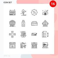 Group of 16 Modern Outlines Set for internet data discount tax arithmetic Editable Vector Design Elements