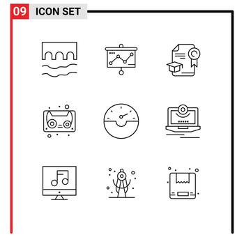 9 User Interface Outline Pack of modern Signs and Symbols of gauge cassette tape projector cassette award Editable Vector Design Elements