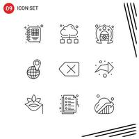 Modern Set of 9 Outlines Pictograph of delete backspace festival world location Editable Vector Design Elements