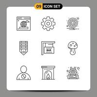 Universal Icon Symbols Group of 9 Modern Outlines of bar sign stripes gear rank badge Editable Vector Design Elements