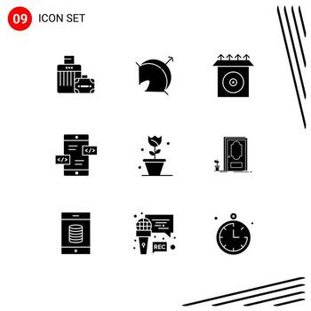 Editable Vector Line Pack of 9 Simple Solid Glyphs of floral mobile sport div app development Editable Vector Design Elements