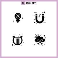 Mobile Interface Solid Glyph Set of 4 Pictograms of bulb harp shopping office irish Editable Vector Design Elements