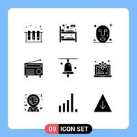 Pack of 9 Modern Solid Glyphs Signs and Symbols for Web Print Media such as school bell facial media fm Editable Vector Design Elements