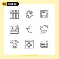 Modern Set of 9 Outlines Pictograph of currency timer curtain clock entertainment Editable Vector Design Elements