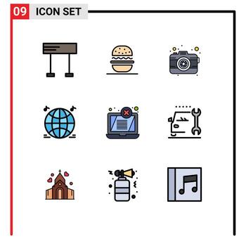 Mobile Interface Filledline Flat Color Set of 9 Pictograms of laptop display camera multimedia world Editable Vector Design Elements