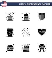 Set of 9 Modern Solid Glyphs pack on USA Independence Day firework juice usa drink usa Editable USA Day Vector Design Elements