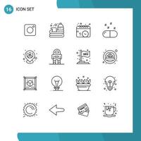 Pictogram Set of 16 Simple Outlines of hr pills sport medical watch Editable Vector Design Elements