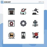 interfaz móvil línea de relleno conjunto de colores planos de 9 pictogramas de servicio de configuración protección de derechos de autor salvavidas elementos de diseño de vectores editables