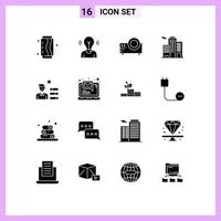 16 User Interface Solid Glyph Pack of modern Signs and Symbols of find job business person building movie Editable Vector Design Elements