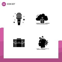 Editable Vector Line Pack of 4 Simple Solid Glyphs of mic briefcase reporter save case Editable Vector Design Elements