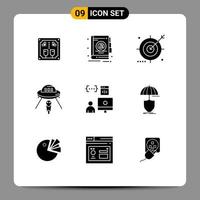 Set of 9 Vector Solid Glyphs on Grid for mars ufo audience space search Editable Vector Design Elements