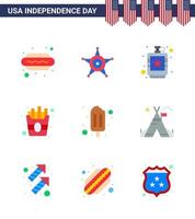 Happy Independence Day 4th July Set of 9 Flats American Pictograph of popsicle fries alcoholic food liquid Editable USA Day Vector Design Elements