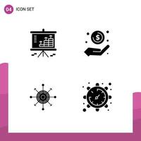 Mobile Interface Solid Glyph Set of 4 Pictograms of analysis profit graph hand board Editable Vector Design Elements