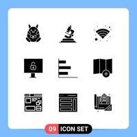 Mobile Interface Solid Glyph Set of 9 Pictograms of performance graphic technology finance lock Editable Vector Design Elements