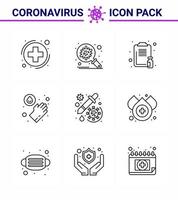 Corona virus 2019 and 2020 epidemic 9 Line icon pack such as drug medical spread hands report viral coronavirus 2019nov disease Vector Design Elements