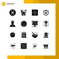 Modern Set of 16 Solid Glyphs Pictograph of location shield angular sheriff interface Editable Vector Design Elements