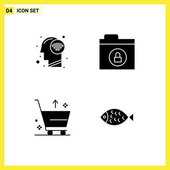 Set of 4 Vector Solid Glyphs on Grid for connect e wifi signal lock fish Editable Vector Design Elements