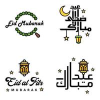 paquete de 4 vectores de texto de caligrafía árabe con luna y estrellas de eid mubarak para la celebración del festival de la comunidad musulmana