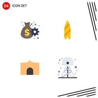 Set of 4 Modern UI Icons Symbols Signs for business castle building gear surfboard fortress Editable Vector Design Elements