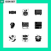 Pack of 9 Modern Solid Glyphs Signs and Symbols for Web Print Media such as architectural intelligent bus human transport Editable Vector Design Elements