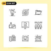 Set of 9 Vector Outlines on Grid for business hot archive cup folder Editable Vector Design Elements