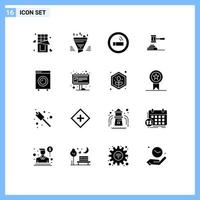 Set of 16 Commercial Solid Glyphs pack for gavel auction result action science Editable Vector Design Elements