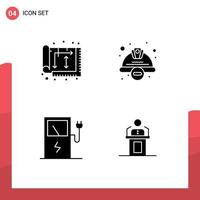 Group of 4 Solid Glyphs Signs and Symbols for architect worker hat house construction electric Editable Vector Design Elements