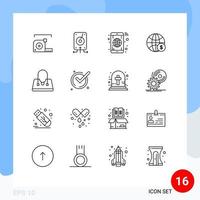 Group of 16 Outlines Signs and Symbols for money globe server world mobile Editable Vector Design Elements